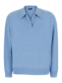 Leplain Women Light Blue Polo Shirt-Style Collar Sweater With Ribbed Trims In Cashmere For Women