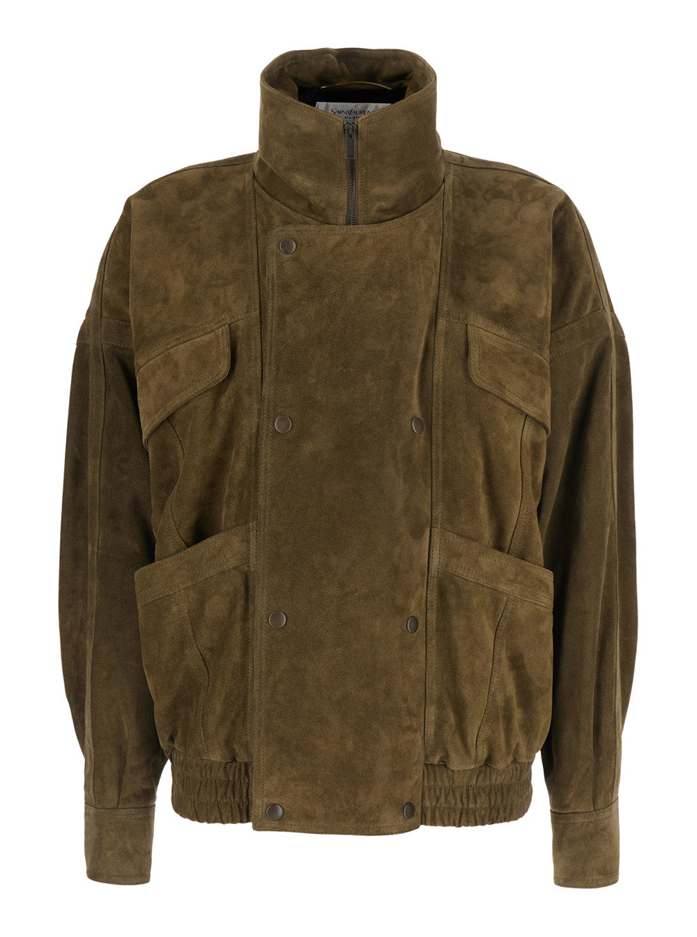 Saint Laurent Women Green Double-Breasted High-Neck Jacket In Suede Women