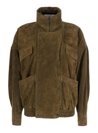 Saint Laurent Women Green Double-Breasted High-Neck Jacket In Suede Women