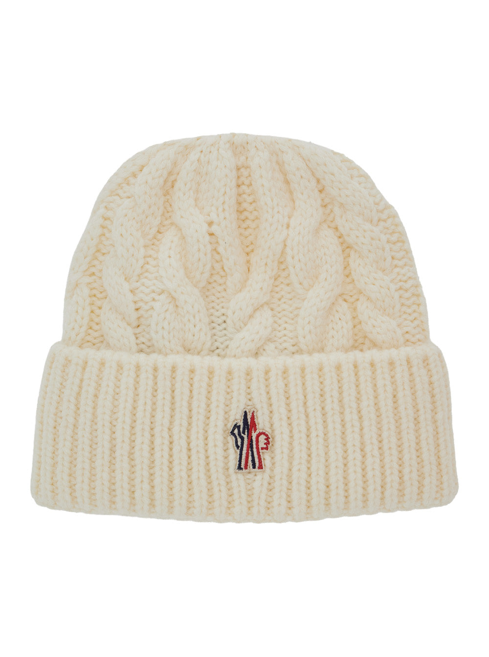 Moncler Grenoble Women White Beanie With Cable Knit Design And Logo Patch On The Front In Wool Blend For Women