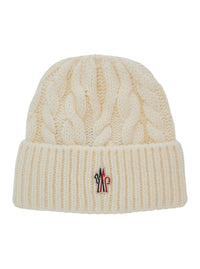 Moncler Grenoble Women White Beanie With Cable Knit Design And Logo Patch On The Front In Wool Blend For Women