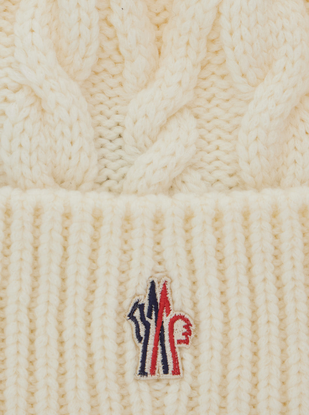 Moncler Grenoble Women White Beanie With Cable Knit Design And Logo Patch On The Front In Wool Blend For Women