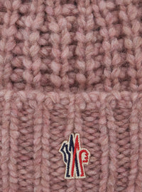 Moncler Grenoble Women Pink Beanie With Front Logo Patch On The Front And Knit Design In Wool Blend For Women