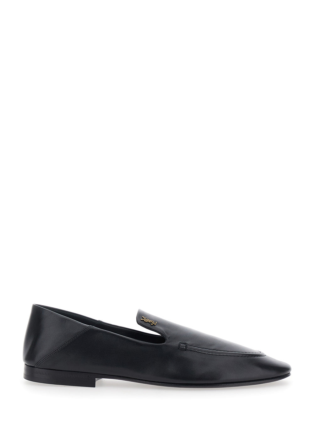 Saint Laurent Women 'Alain' Black Loafers With Metal Ysl Logo Plaque In Leather For Women