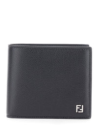 Fendi Men Black Bi-Fold Wallet With Ff Logo Plaque In Leather Men