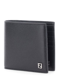 Fendi Men Black Bi-Fold Wallet With Ff Logo Plaque In Leather Men