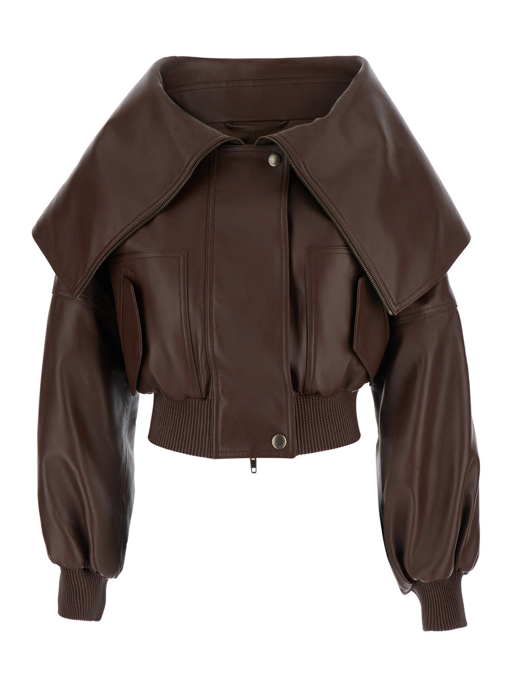 Balenciaga Women Brown Short Jacket With Oversized Collar And Ribbed Trims In Leather For Women