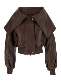 Balenciaga Women Brown Short Jacket With Oversized Collar And Ribbed Trims In Leather For Women