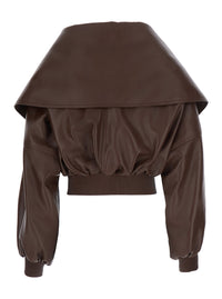 Balenciaga Women Brown Short Jacket With Oversized Collar And Ribbed Trims In Leather For Women