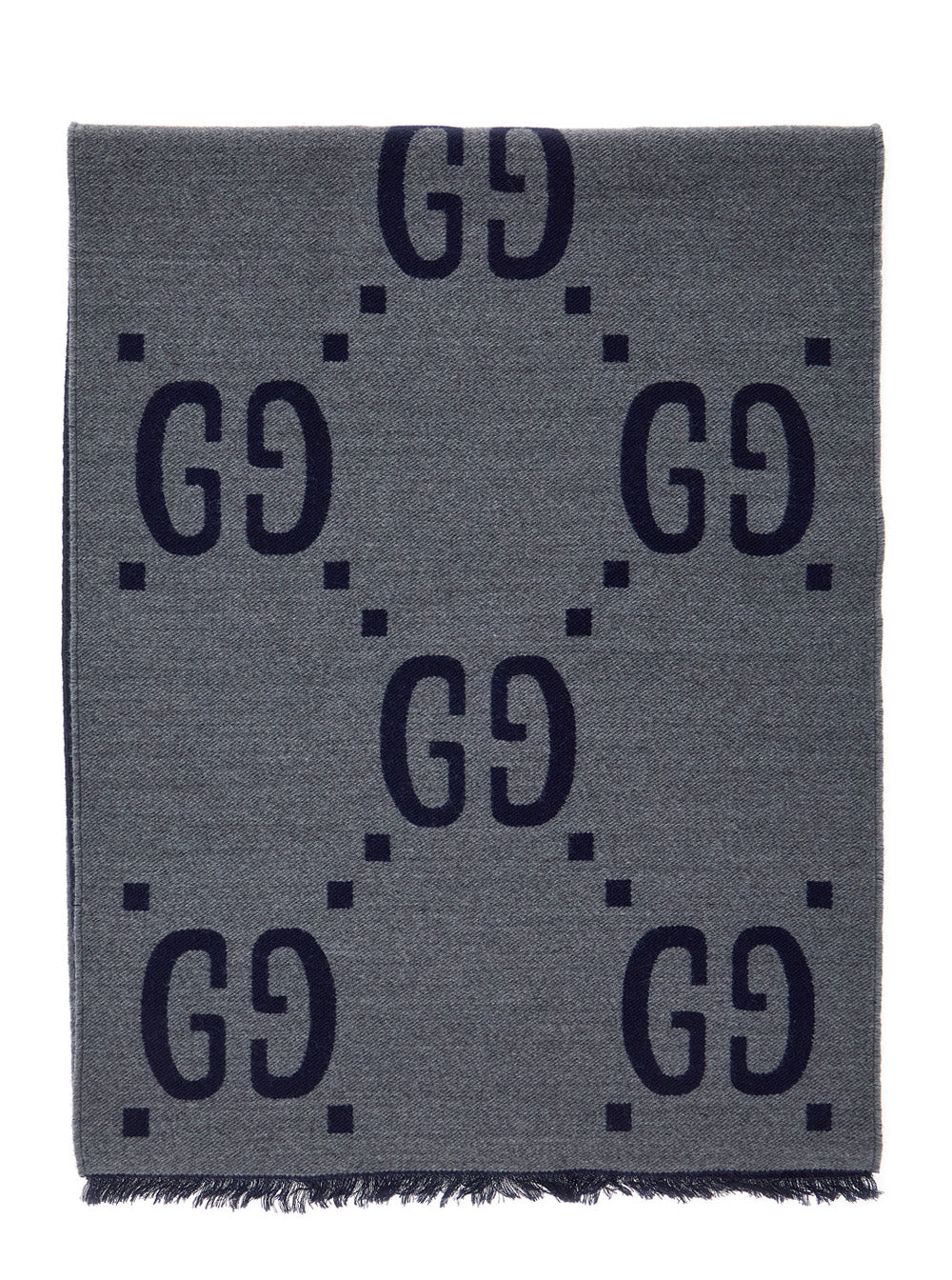 Gucci Men Grey Scarf With Fringed Trim And All-Over Gg Motif In Wool For Men
