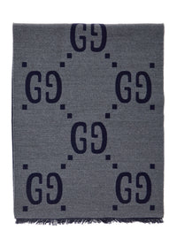 Gucci Men Grey Scarf With Fringed Trim And All-Over Gg Motif In Wool For Men