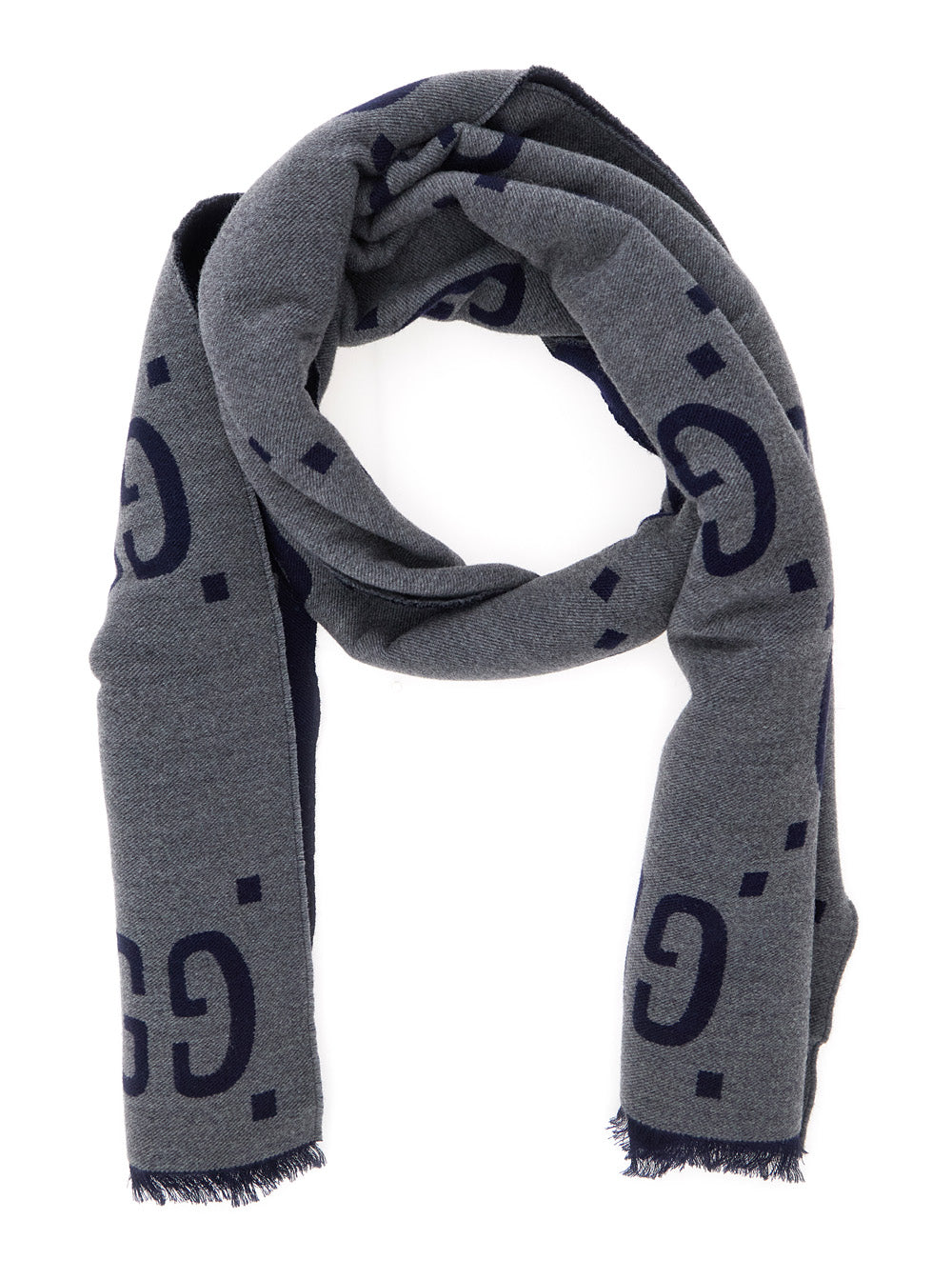 Gucci Men Grey Scarf With Fringed Trim And All-Over Gg Motif In Wool For Men