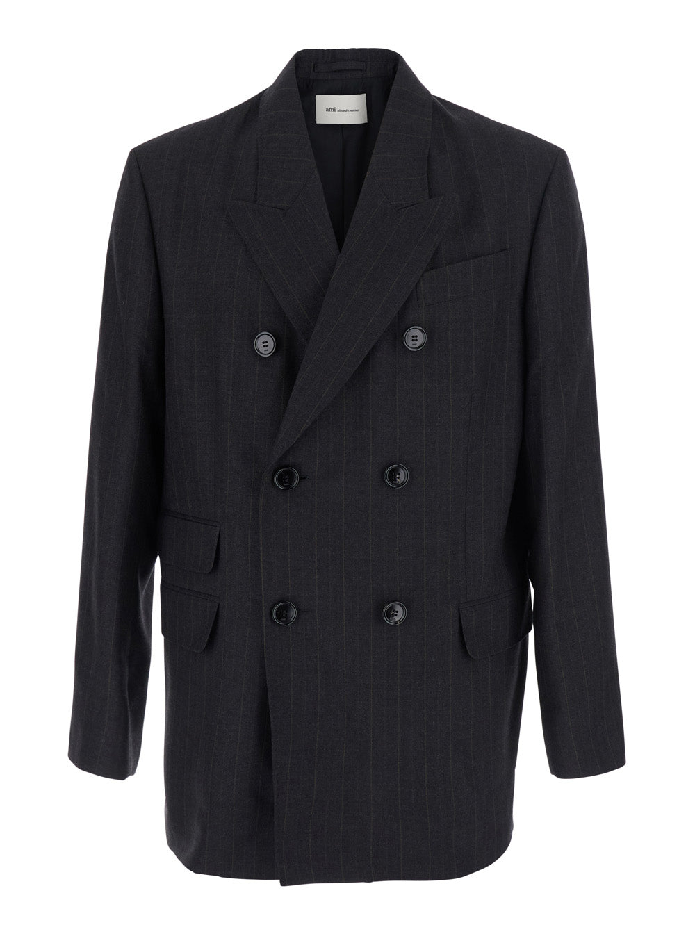 Ami Paris Men Black Double-Breasted Jacket With Peak Revers And All-Over Stripe Motif In Wool Blend Men