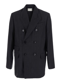 Ami Paris Men Black Double-Breasted Jacket With Peak Revers And All-Over Stripe Motif In Wool Blend Men