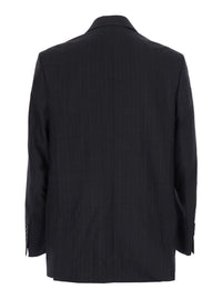 Ami Paris Men Black Double-Breasted Jacket With Peak Revers And All-Over Stripe Motif In Wool Blend Men