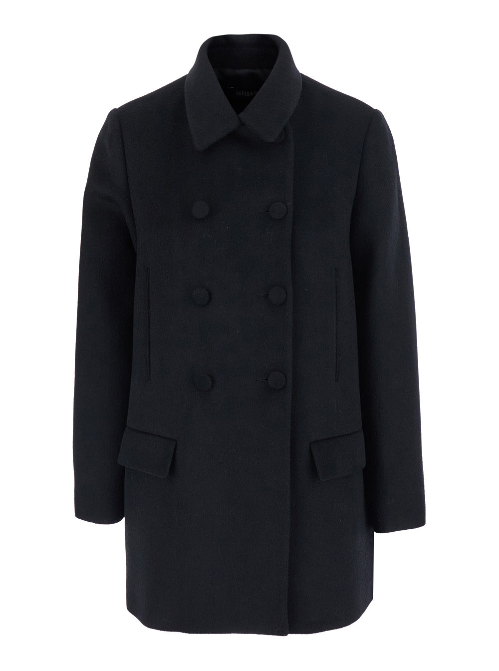 Leplain Women Black Short Coat With Halfbelt And Classic Collar In Wool Blend For Women