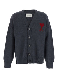 AMI PARIS Ami Paris Men V Neck Cardigan With Ami De Coeur In Knit And Tech Fabric Black Unisex