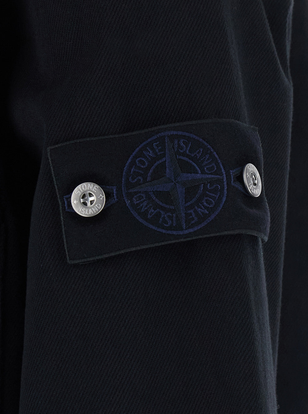 Stone Island Men Biker Jacket With Shirt Collar, Long Sleeves, Front Closure, Logo Patch, Side Pockets, In Cotton, Black Color, Unisex