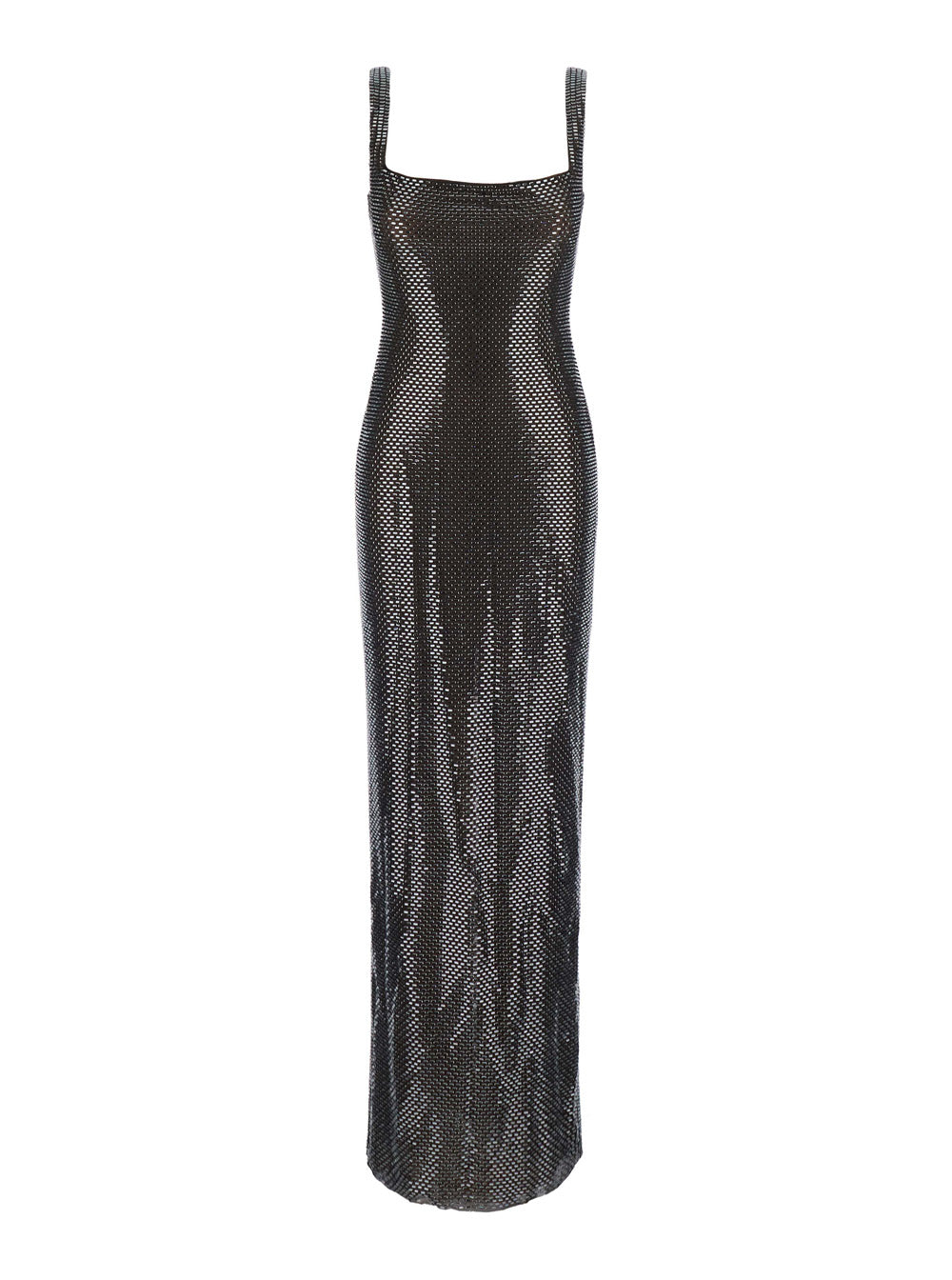 SELF-PORTRAIT Self-Portrait Women Maxi Dress With Square Neckline, Rhinestone Details, In Tech Fabric, Gray, Woman