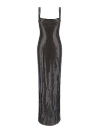 SELF-PORTRAIT Self-Portrait Women Maxi Dress With Square Neckline, Rhinestone Details, In Tech Fabric, Gray, Woman