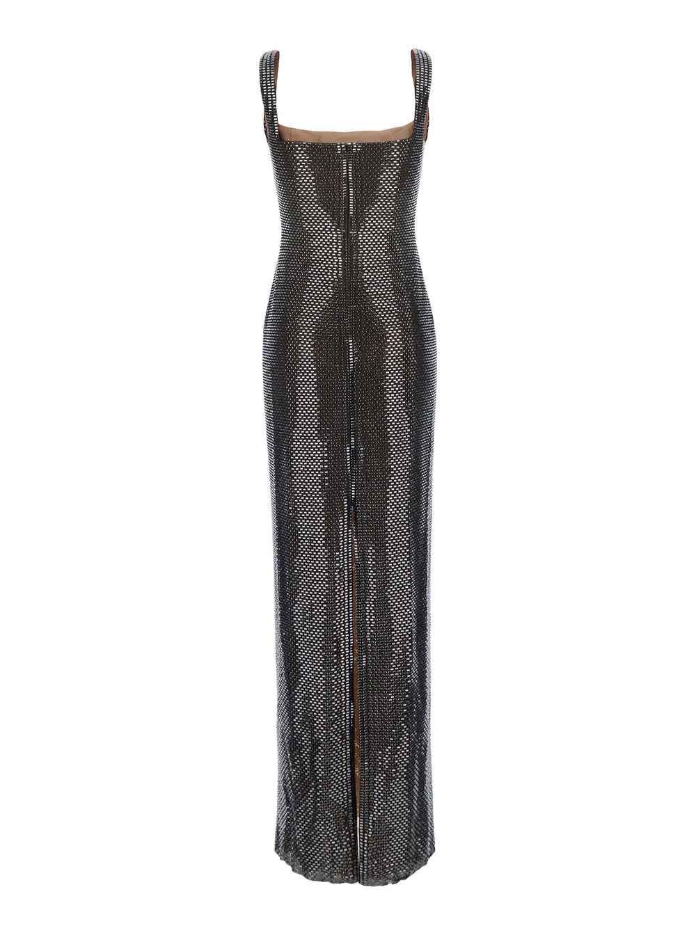 SELF-PORTRAIT Self-Portrait Women Maxi Dress With Square Neckline, Rhinestone Details, In Tech Fabric, Gray, Woman