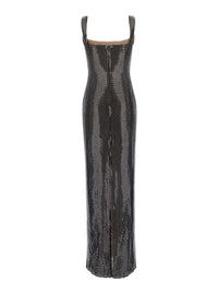 SELF-PORTRAIT Self-Portrait Women Maxi Dress With Square Neckline, Rhinestone Details, In Tech Fabric, Gray, Woman