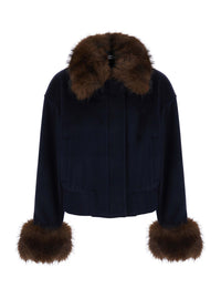 Self-Portrait Women Blue Jacket With Fur Details And High Collar, In Wool, Color Blue, Woman