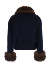 Self-Portrait Women Blue Jacket With Fur Details And High Collar, In Wool, Color Blue, Woman