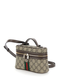 Gucci Women 'Ophidia' Beige Mini Bag With Adjustable And Removable Strap And Web Detail On The Front In Gg Canvas And Leather Women