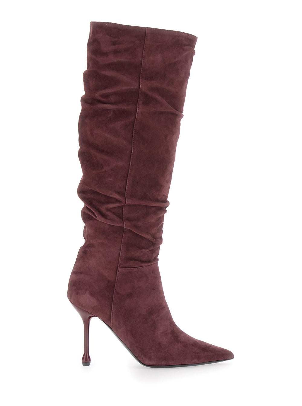 Leplain Women Bordeaux Knee-High Boots With Pointed Toe And Ruched Design In Suede For Women
