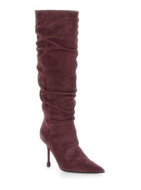 Leplain Women Bordeaux Knee-High Boots With Pointed Toe And Ruched Design In Suede For Women