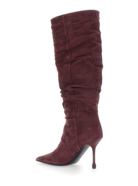 Leplain Women Bordeaux Knee-High Boots With Pointed Toe And Ruched Design In Suede For Women