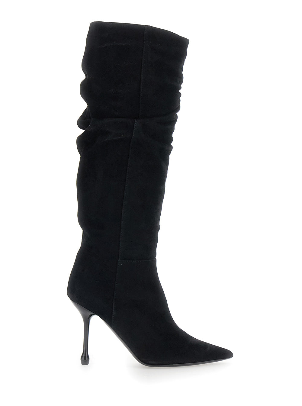 Leplain Women Black Knee-High Boots With Pointed Toe And Ruched Design In Suede For Women