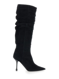 Leplain Women Black Knee-High Boots With Pointed Toe And Ruched Design In Suede For Women