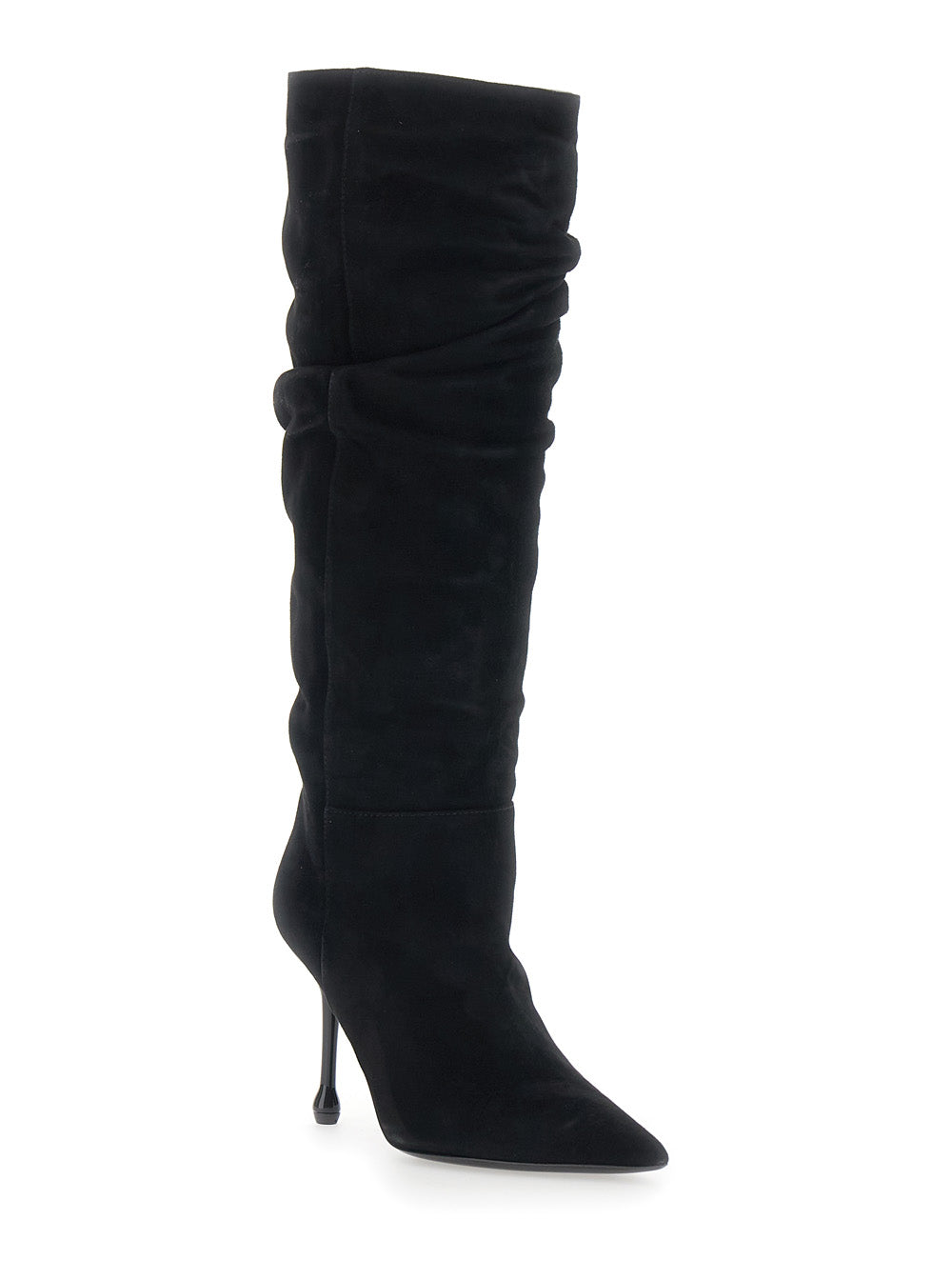 Leplain Women Black Knee-High Boots With Pointed Toe And Ruched Design In Suede For Women