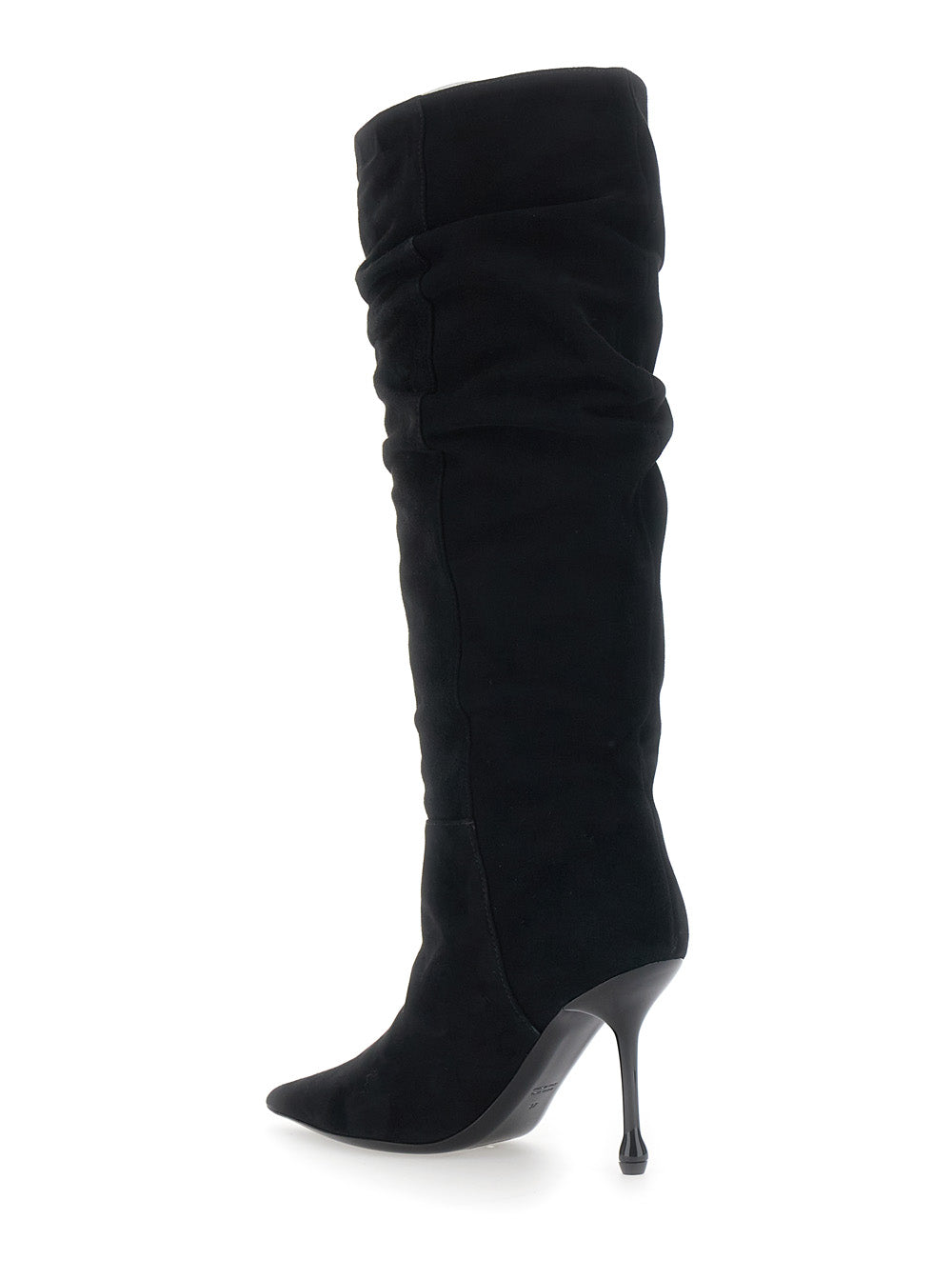 Leplain Women Black Knee-High Boots With Pointed Toe And Ruched Design In Suede For Women