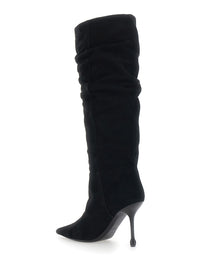 Leplain Women Black Knee-High Boots With Pointed Toe And Ruched Design In Suede For Women