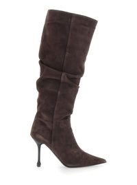 Leplain Women Brown Knee-High Boots With Pointed Toe And Ruched Design In Suede For Women