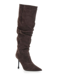 Leplain Women Brown Knee-High Boots With Pointed Toe And Ruched Design In Suede For Women