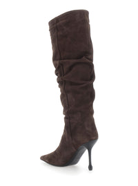Leplain Women Brown Knee-High Boots With Pointed Toe And Ruched Design In Suede For Women