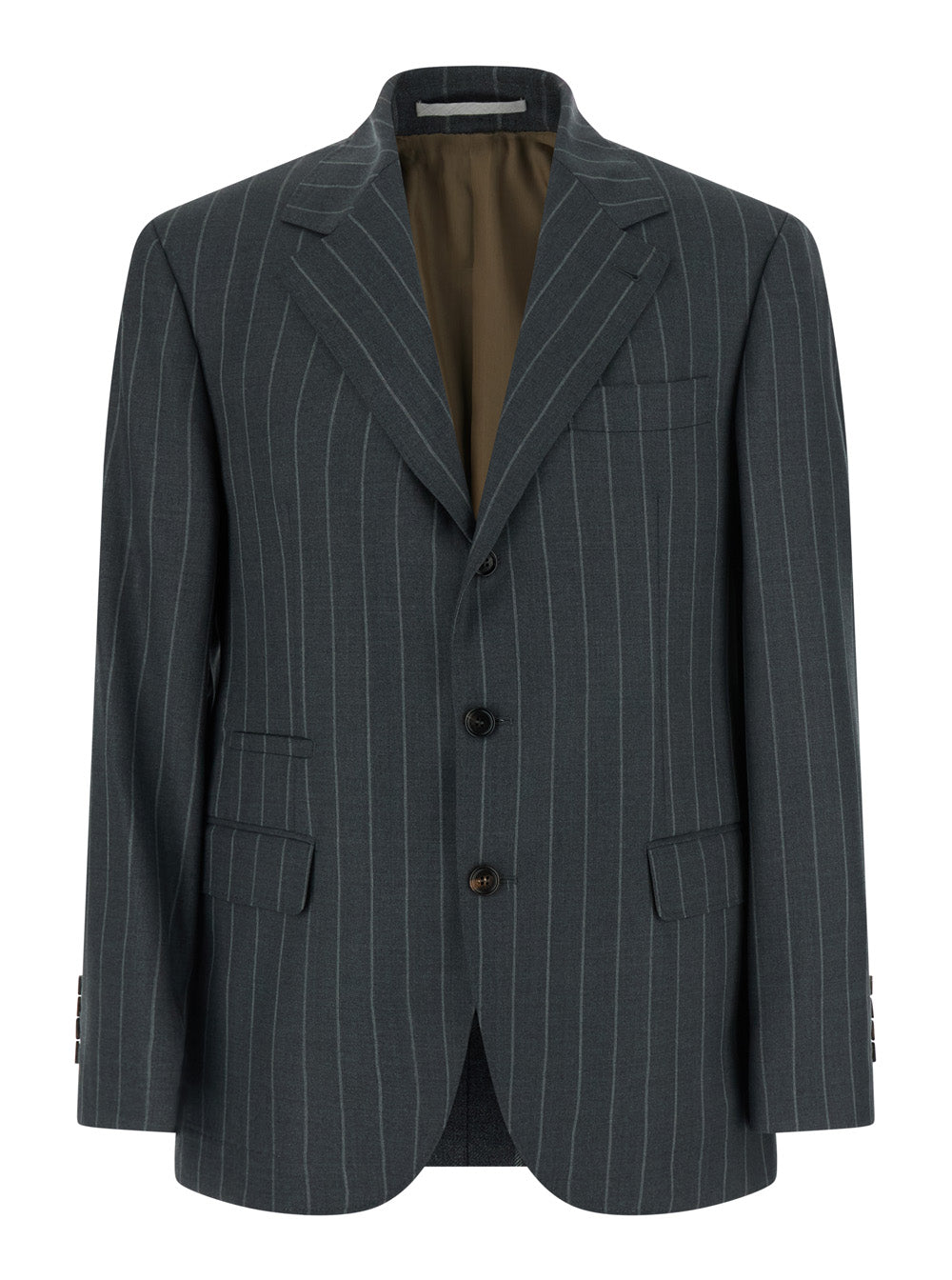 Brunello Cucinelli Men Grey Single-Breasted Jacket With Notched Revers And All-Over Pinstripe Motif In Wool For Men