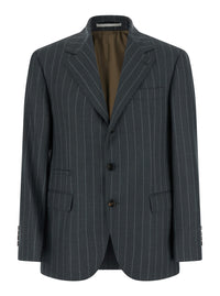 Brunello Cucinelli Men Grey Single-Breasted Jacket With Notched Revers And All-Over Pinstripe Motif In Wool For Men