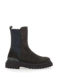 Brunello Cucinelli Women Brown Ankle Boots With Monili Strap At The Back In Suede For Women