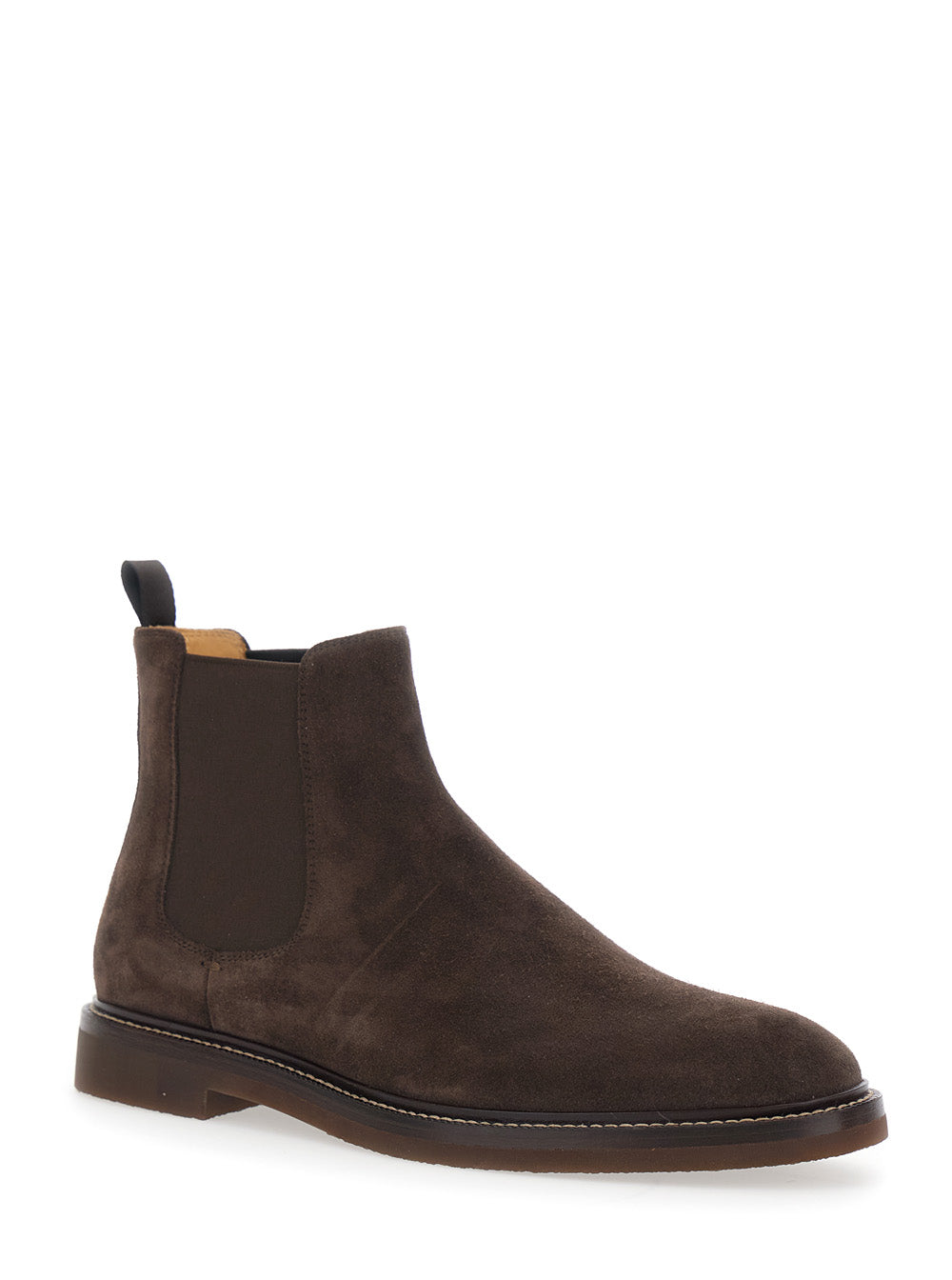 Brunello Cucinelli Men Brown Ankle Boots With Contrasting Stitching And Elastic Inserts In Suede For Men