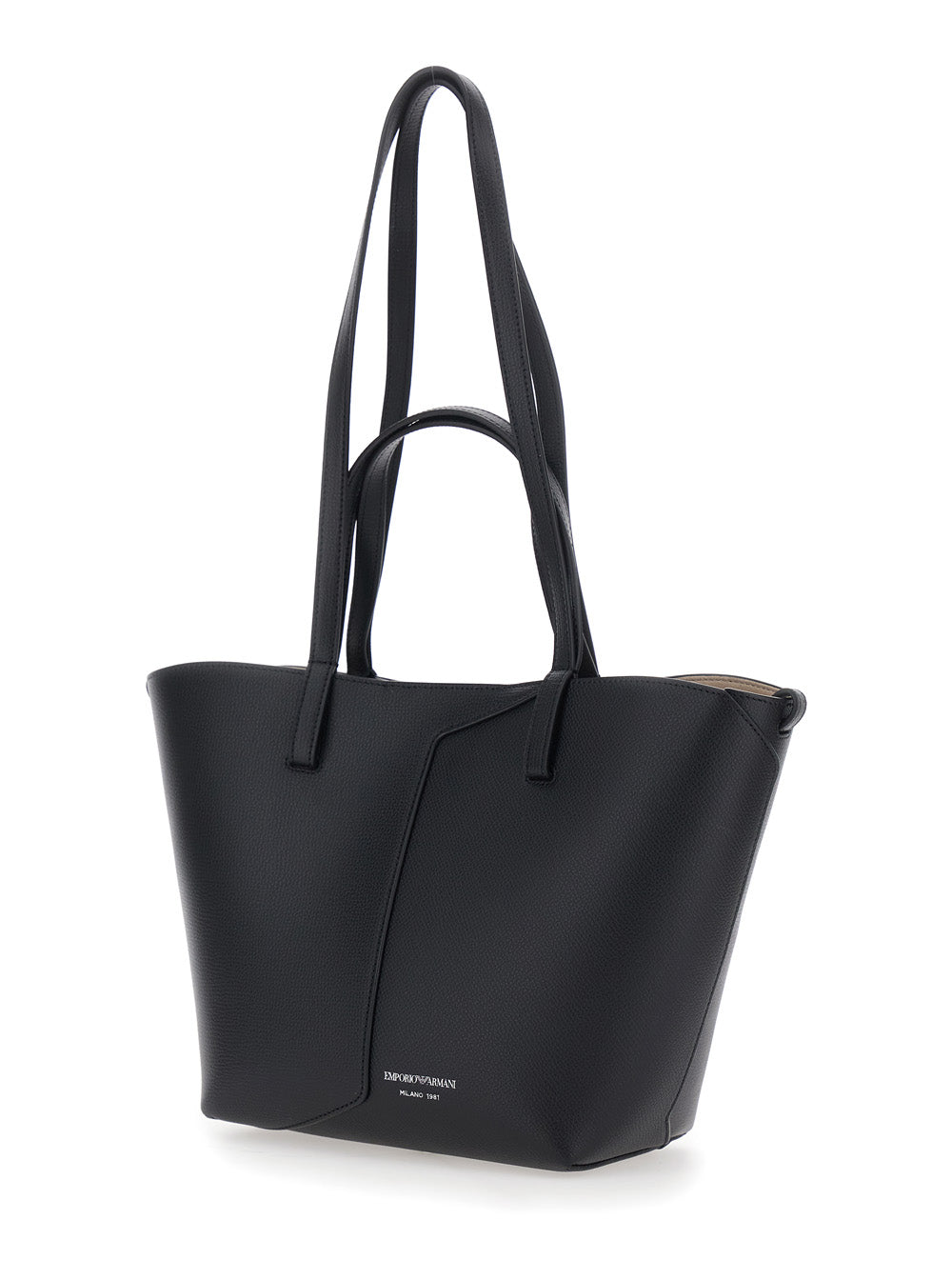 Emporio Armani Women Black Tote Bag With Logo Lettering On The Front And Asymmetric Handles In Leather For Women