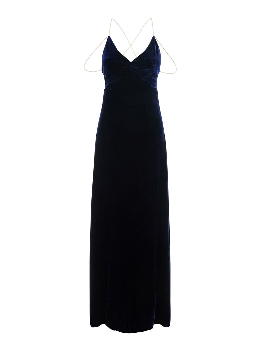 Forte_Forte Women Long Dress In Silk Velvet With Beaded Straps And Blue Color For Women