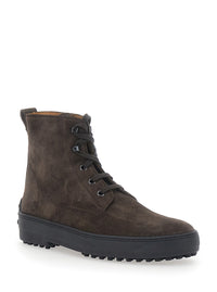 Tod's Women Brown Boots With Rubber Studded Sole And Logo Lettering On The Back In Suede For Women