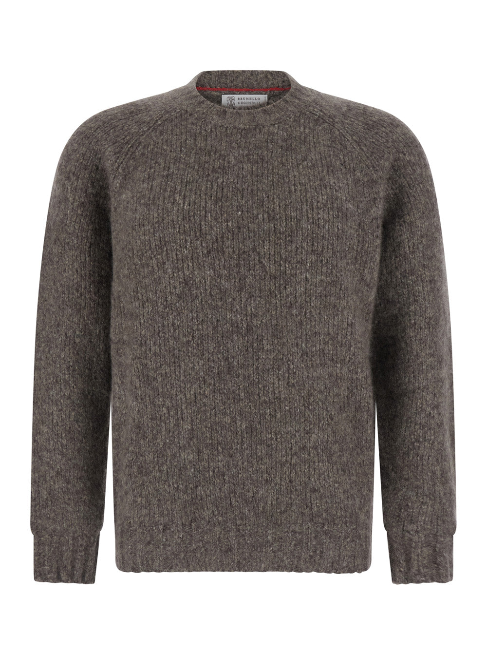 Brunello Cucinelli Men Brown Crewneck Sweater With Ribbed Trims In Cashmere And Silk Men