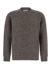 Brunello Cucinelli Men Brown Crewneck Sweater With Ribbed Trims In Cashmere And Silk Men