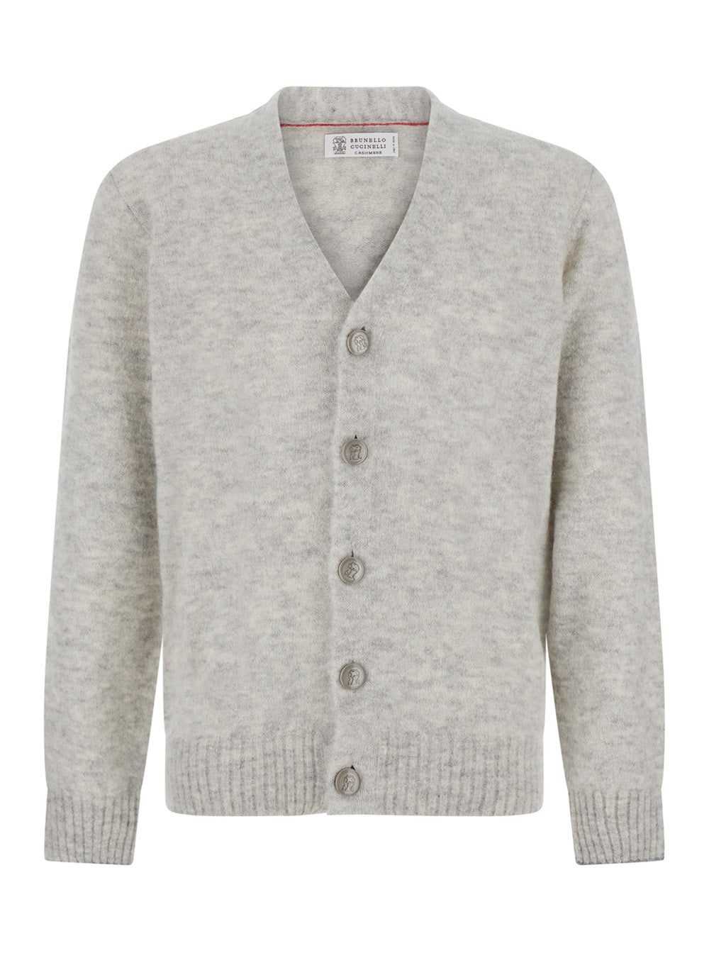 Brunello Cucinelli Men Grey V-Neck Cardigan With Logo-Engraved Buttons In Alpaca And Cashmere Blend For Men